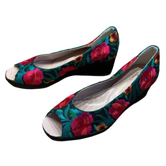 Sesto Meucci Balmy Embroidered Floral Wedge Peep Toe Sandal Women's Sz 7M EUC - Picture 2 of 7
